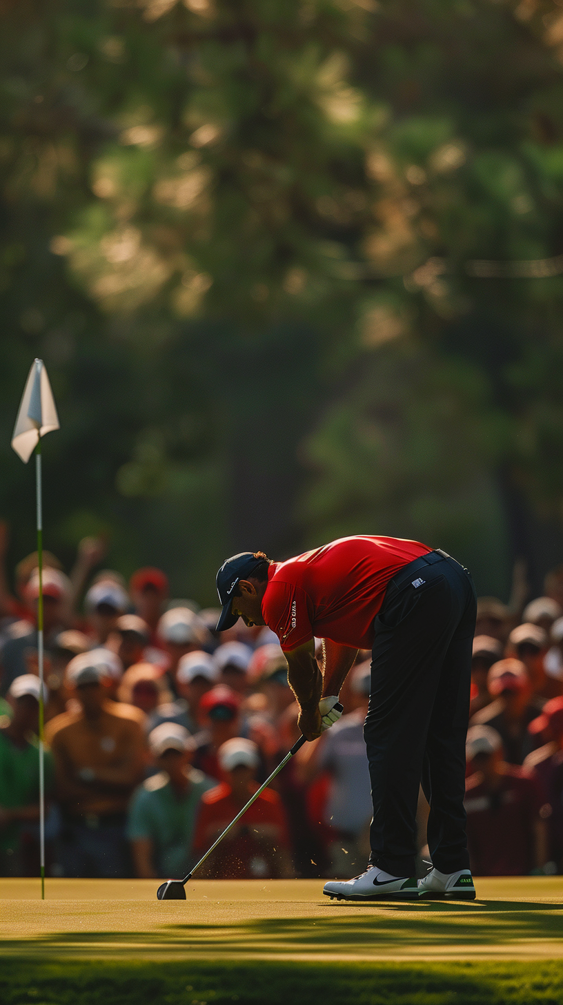 Tiger Woods in red shirt hits flop shot gracefully.