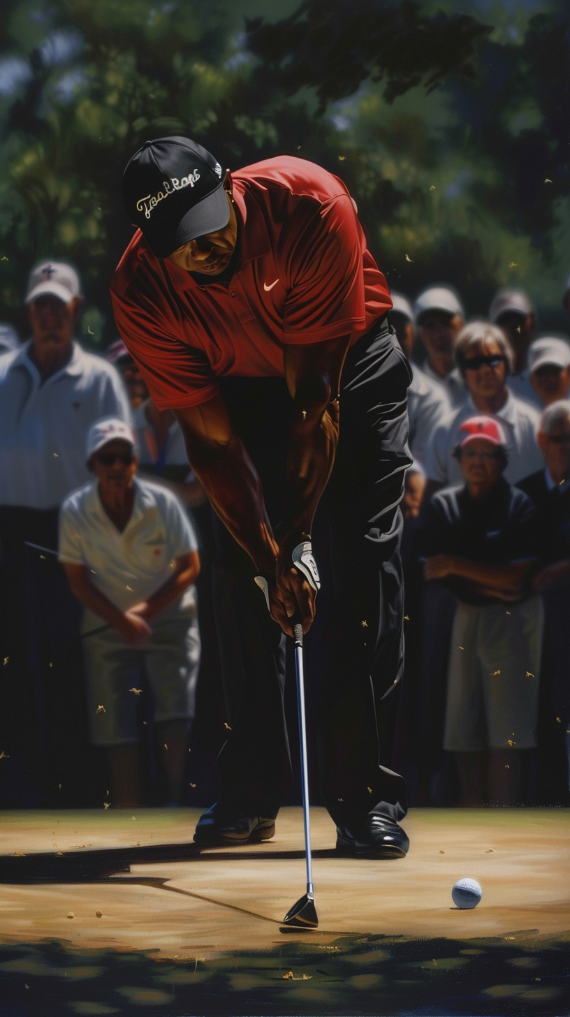 Tiger Woods in red shirt hitting flop shot. Crowd watches.