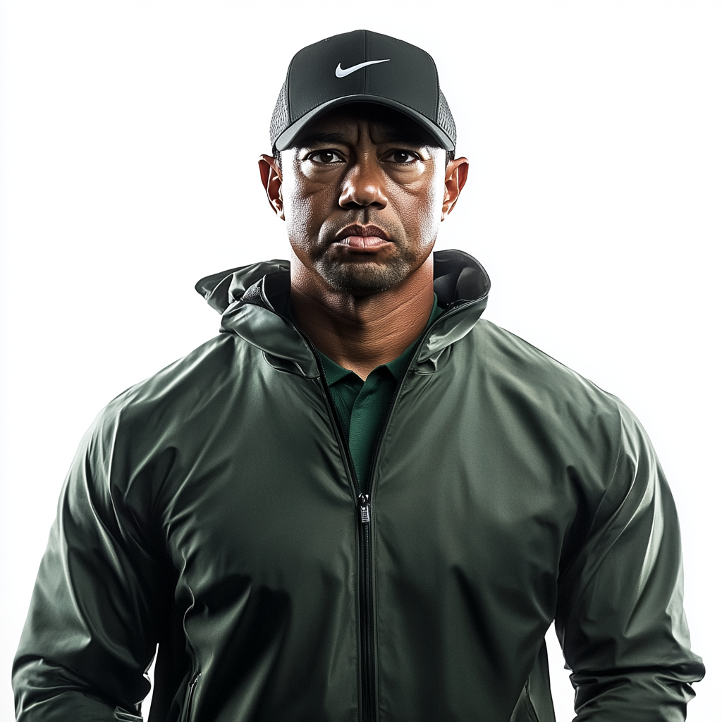 Tiger Woods in stylish golf rain jacket on set.