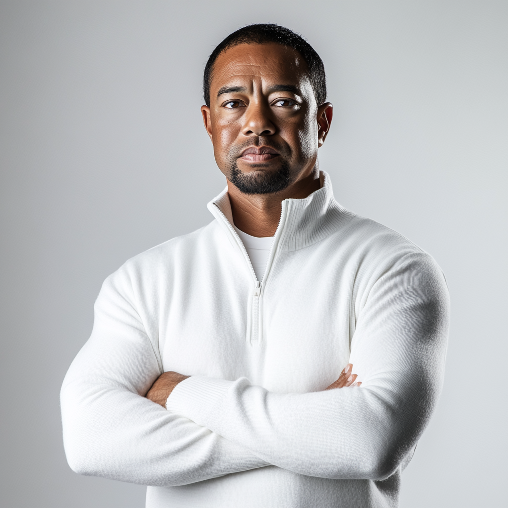 Tiger Woods in white sweater, arms crossed in studio.