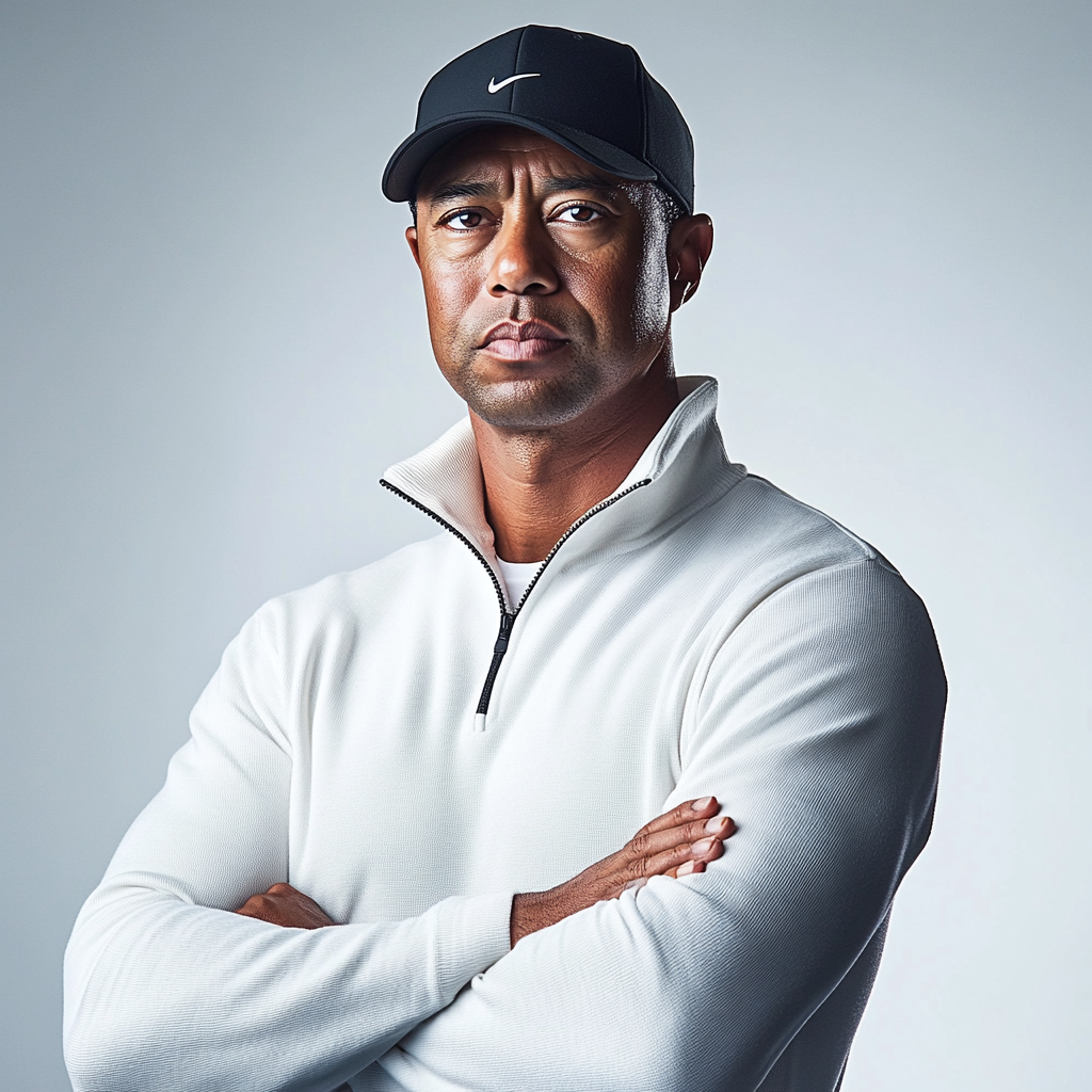 Tiger Woods standing in studio with arms crossed.