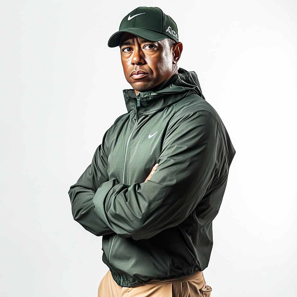 Tiger Woods wearing luxury sports wear in neutral colors.