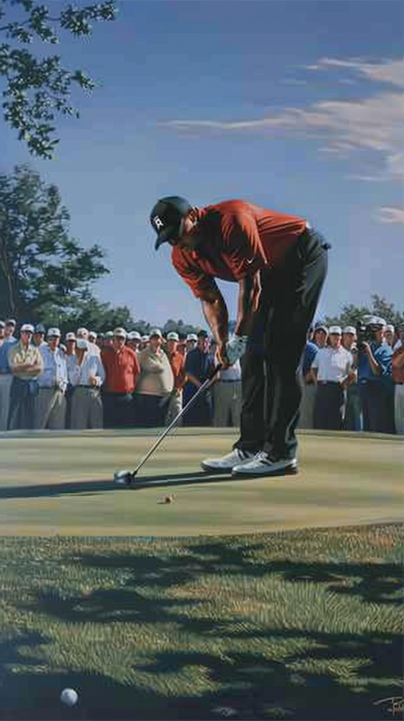 Tiger Woods wearing red shirt plays precise flop shot.