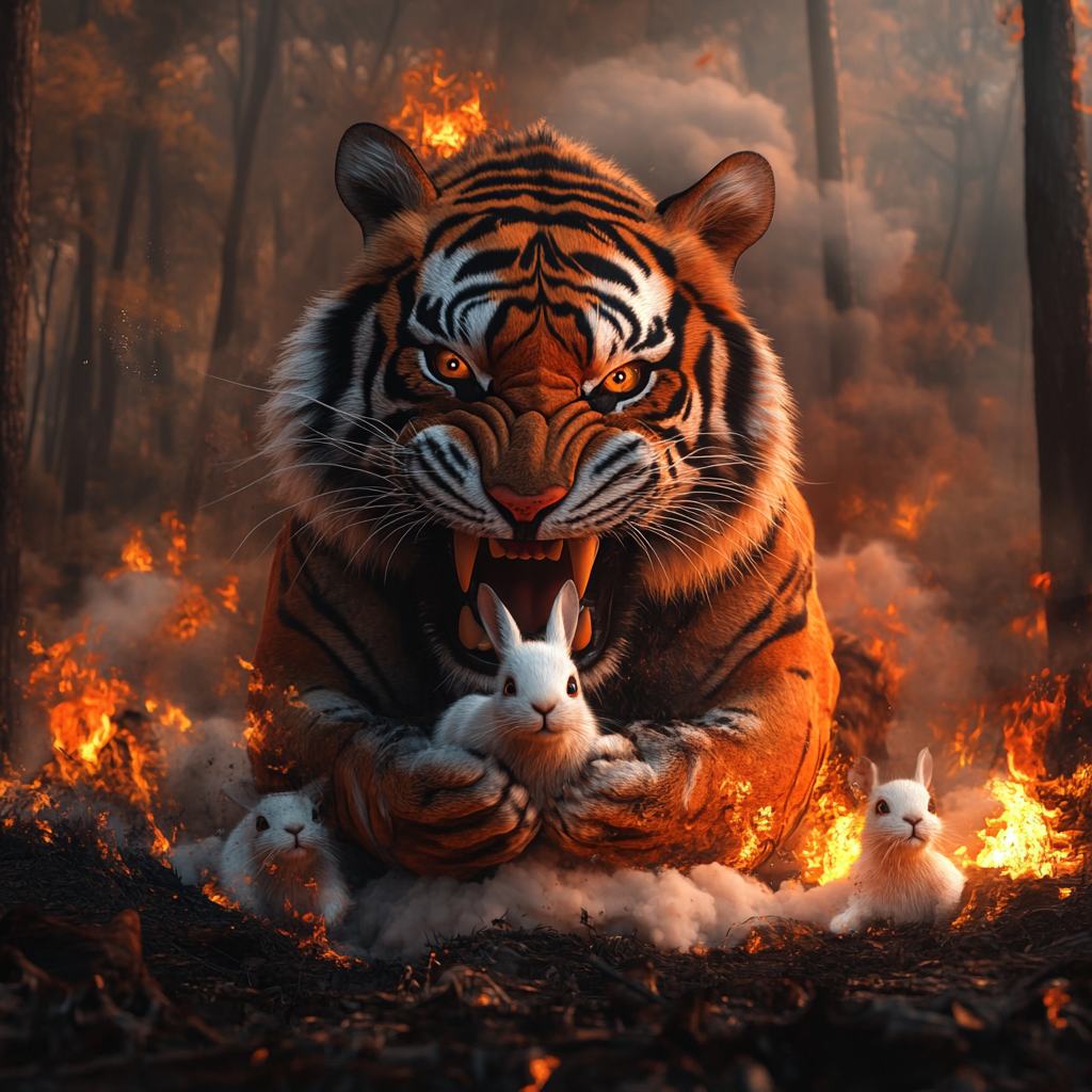 Tiger holding rabbit with burning forest background