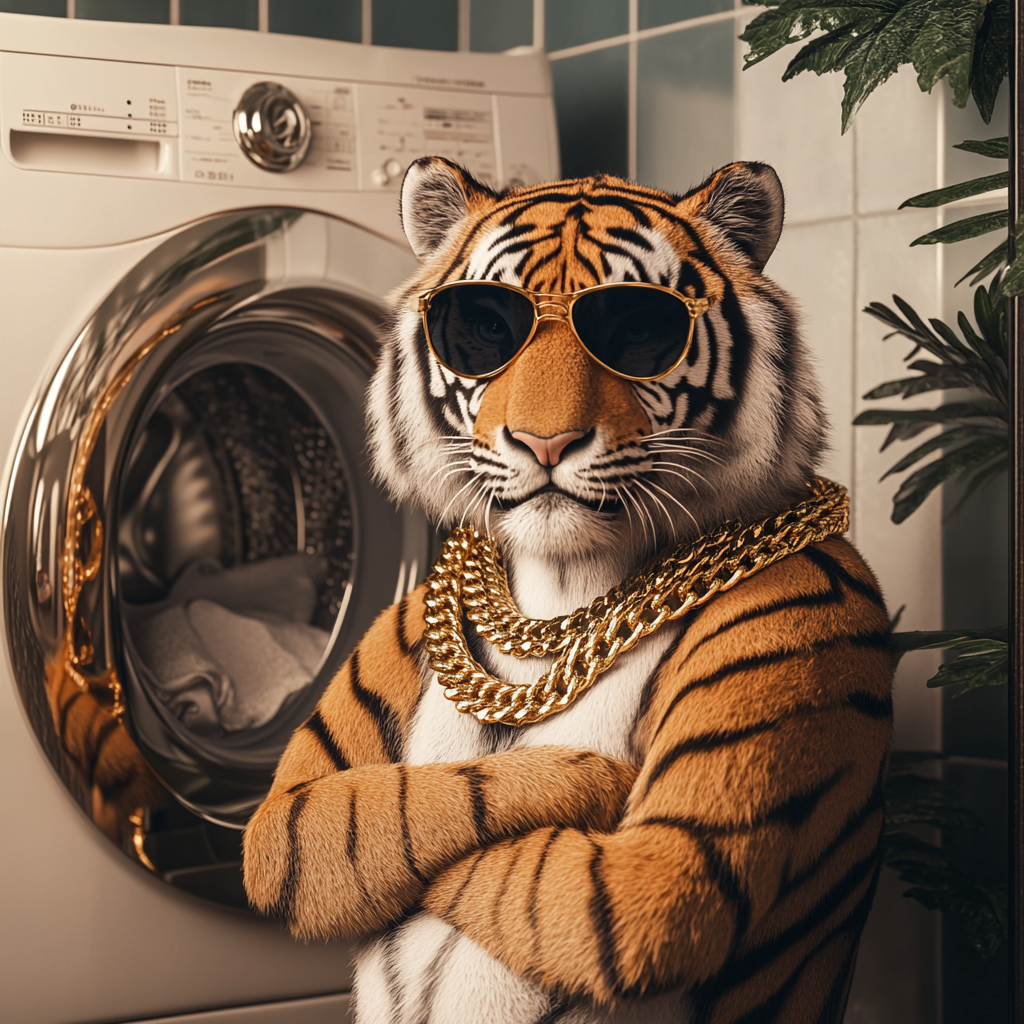 Tiger in Funky Style Next to Washing Machine