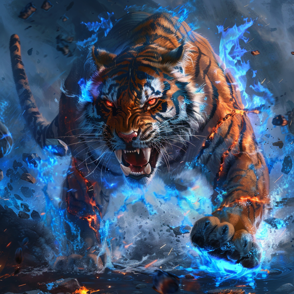 Tiger in dungeons and dragon art with fiery background.