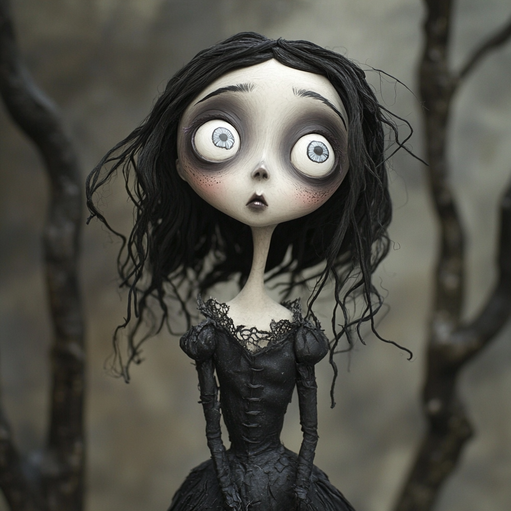 Tim Burton-inspired claymation girl with pale skin, dark hair.