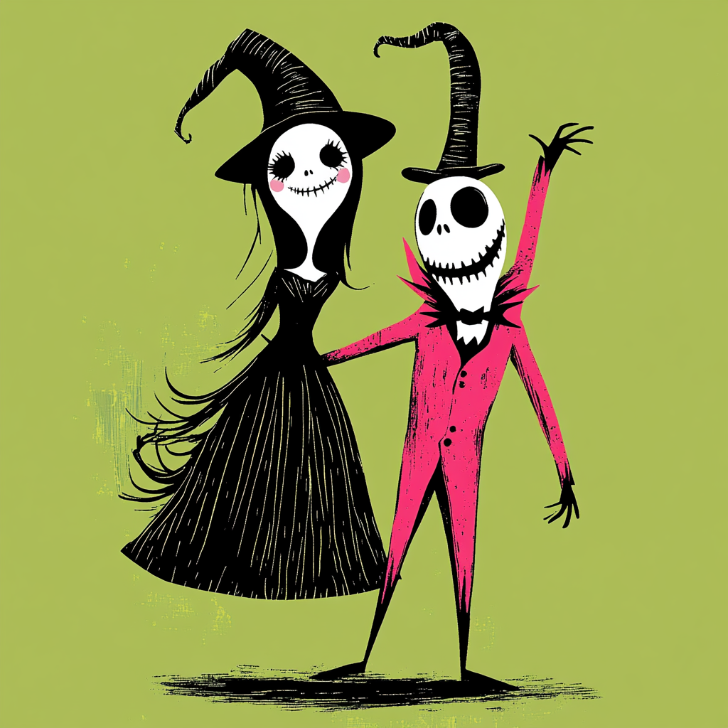 Tim Burton style with witch, devil, dancing characters, whimsical.