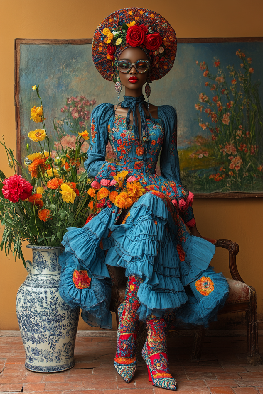 Tim Walker-inspired Woman with Colorful Floral Shoes