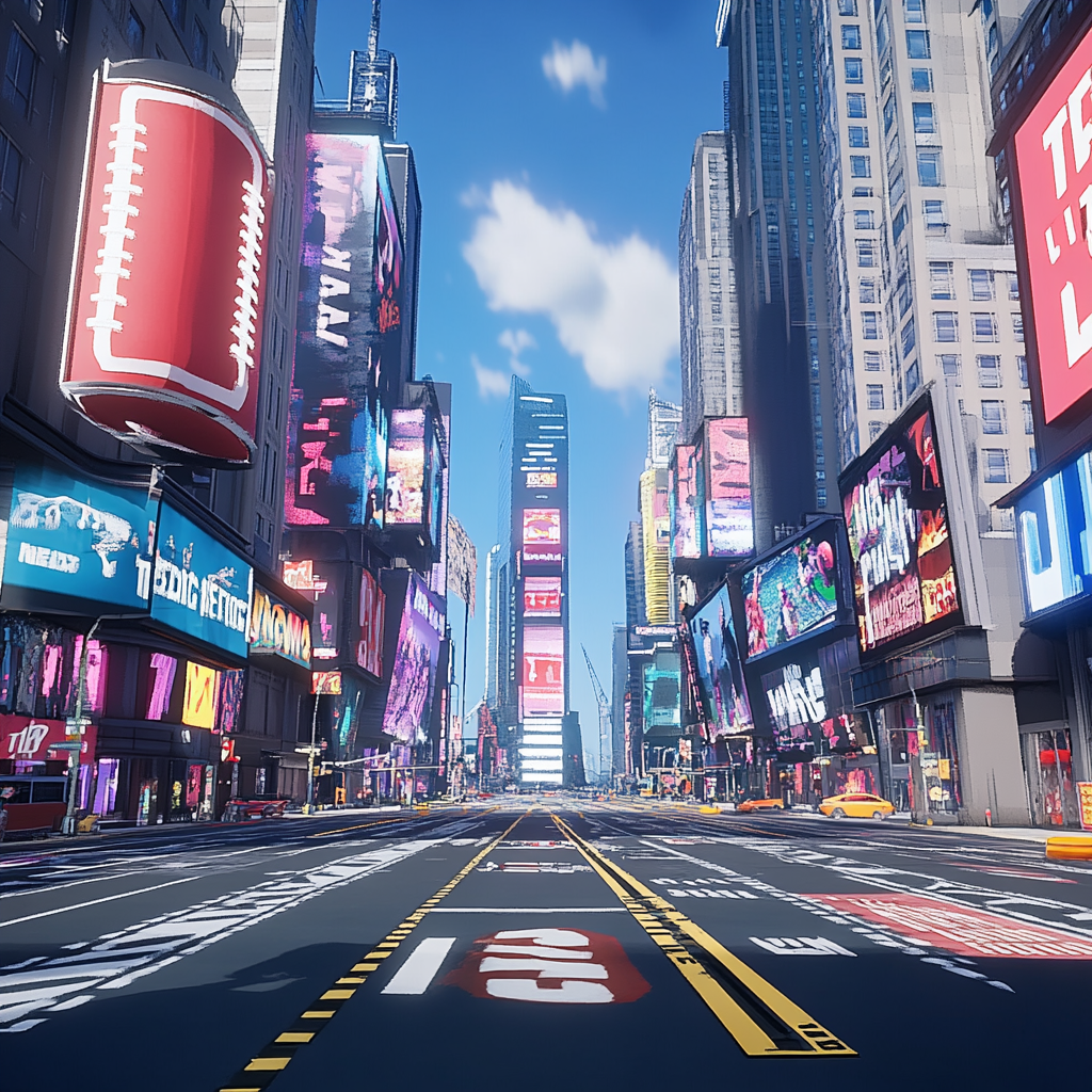 Times Square street with American football yardage markings