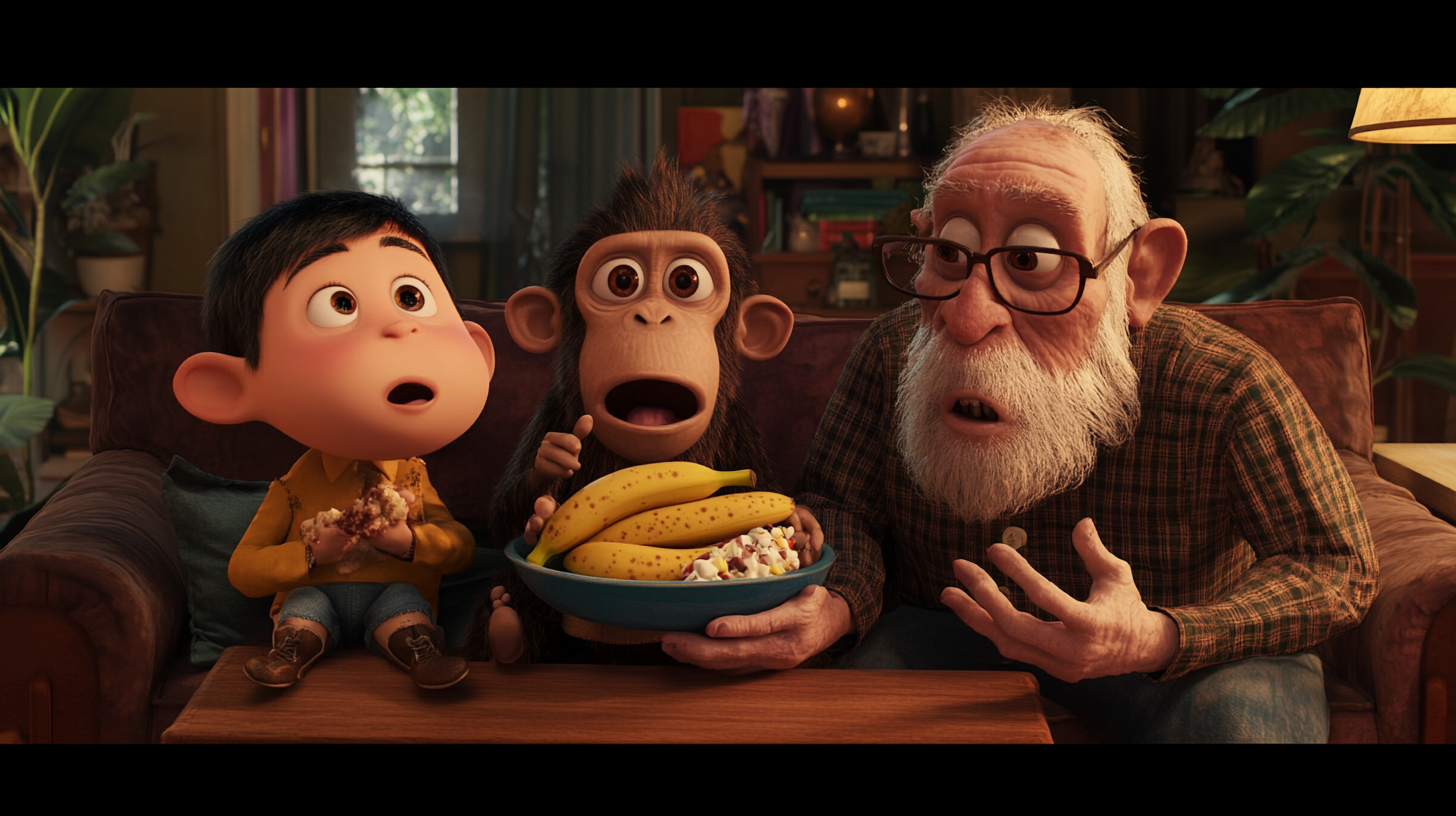 Timmy, Banjo, Grandpa watch animated banana split.