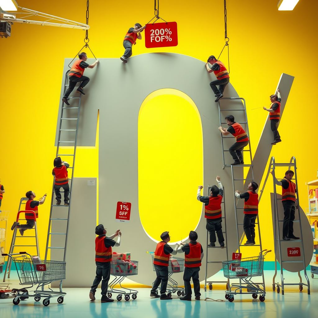 Tiny Supermarket Workers Constructing Giant Sale Sign