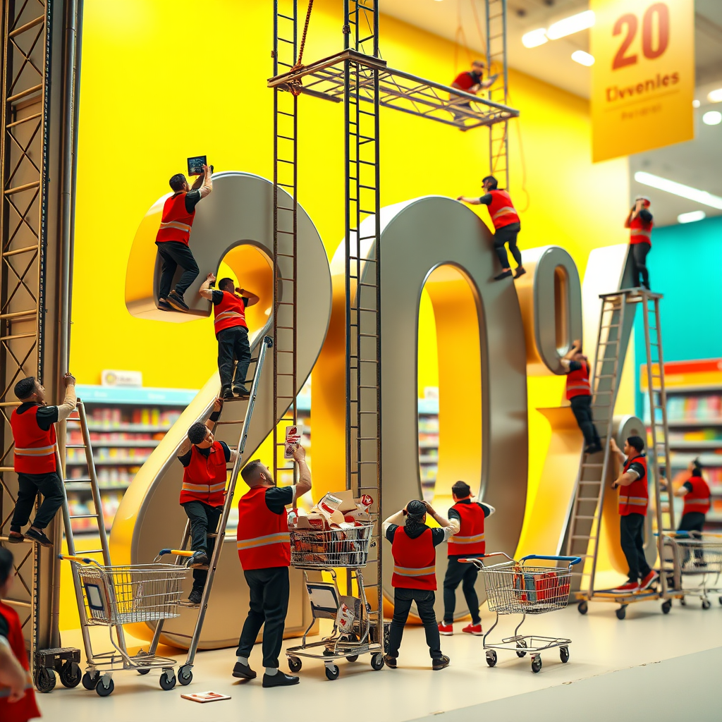 Tiny Supermarket Workers Crafting a Giant Sale Sign