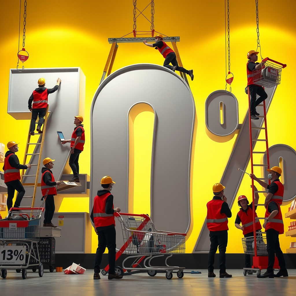 Tiny Workers Building a Giant Discount Sign