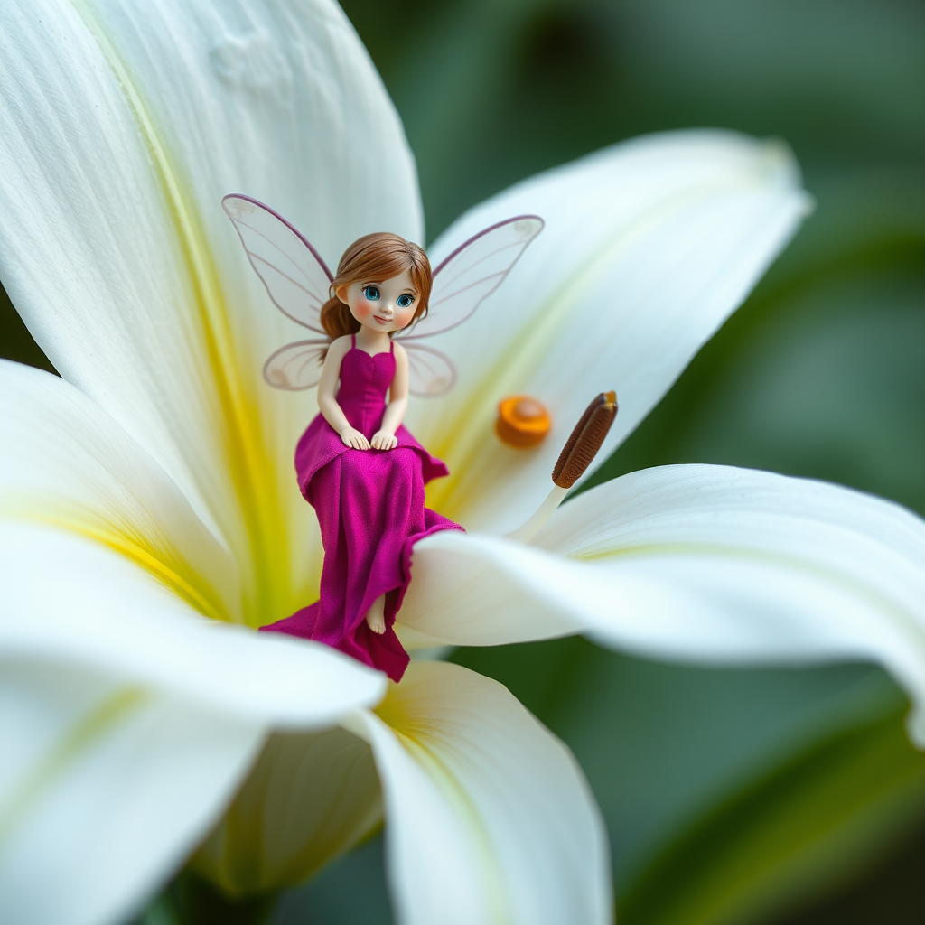 Tiny fairy in magenta dress on lily petal.