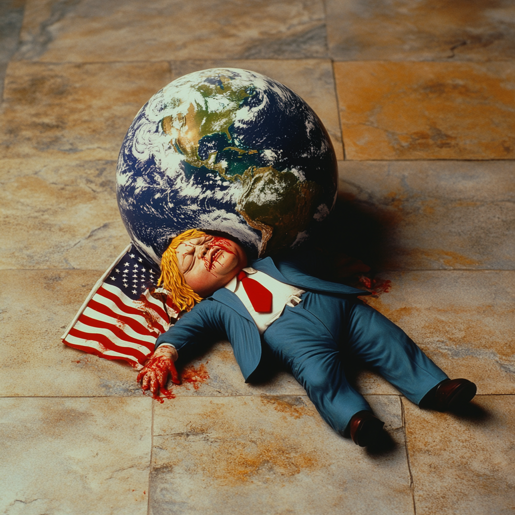 Tiny fat man crushed by large globe.