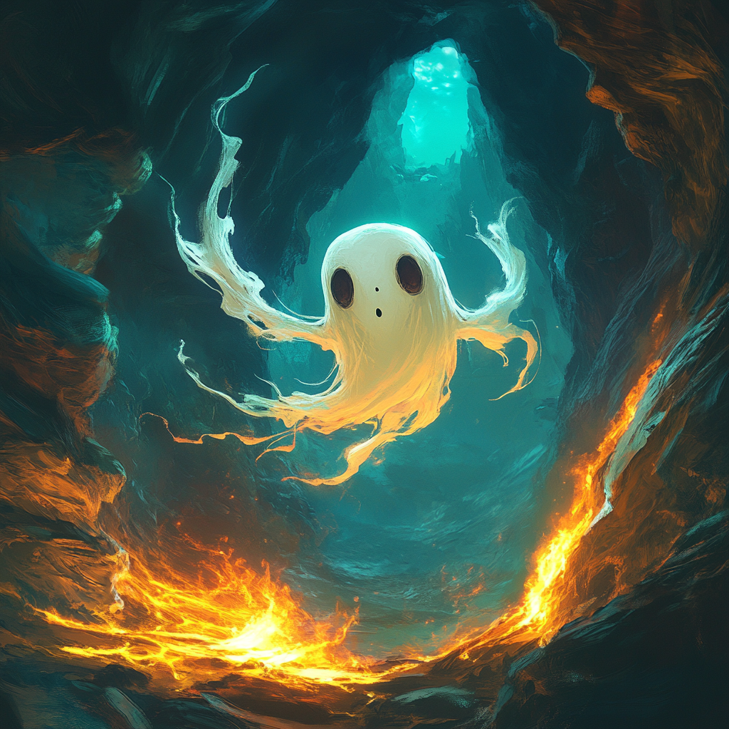 Tiny ghost flying through dark hell-like backdrop in game.