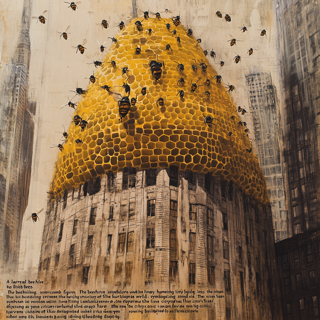 Tiny human bees work on surreal beehive atop building.