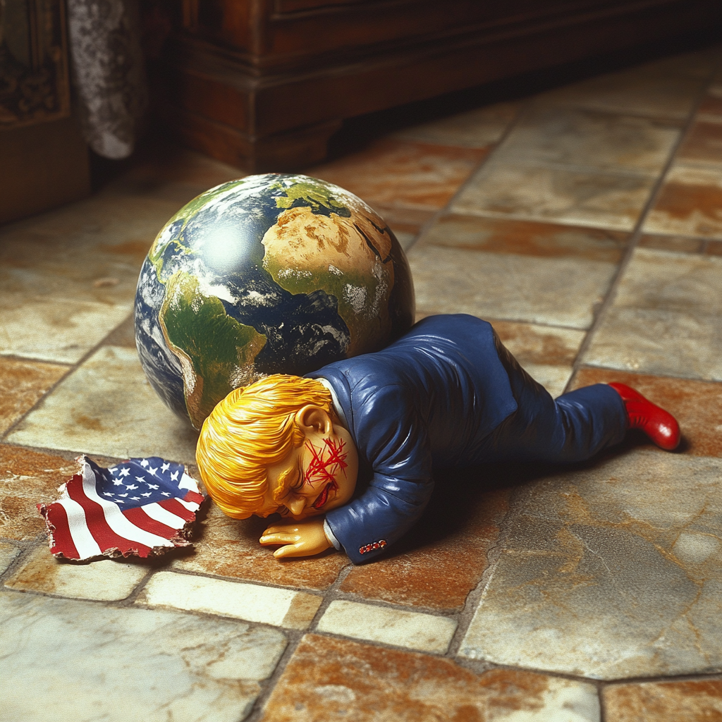 Tiny man crushed by giant globe, surrounded by American flag.