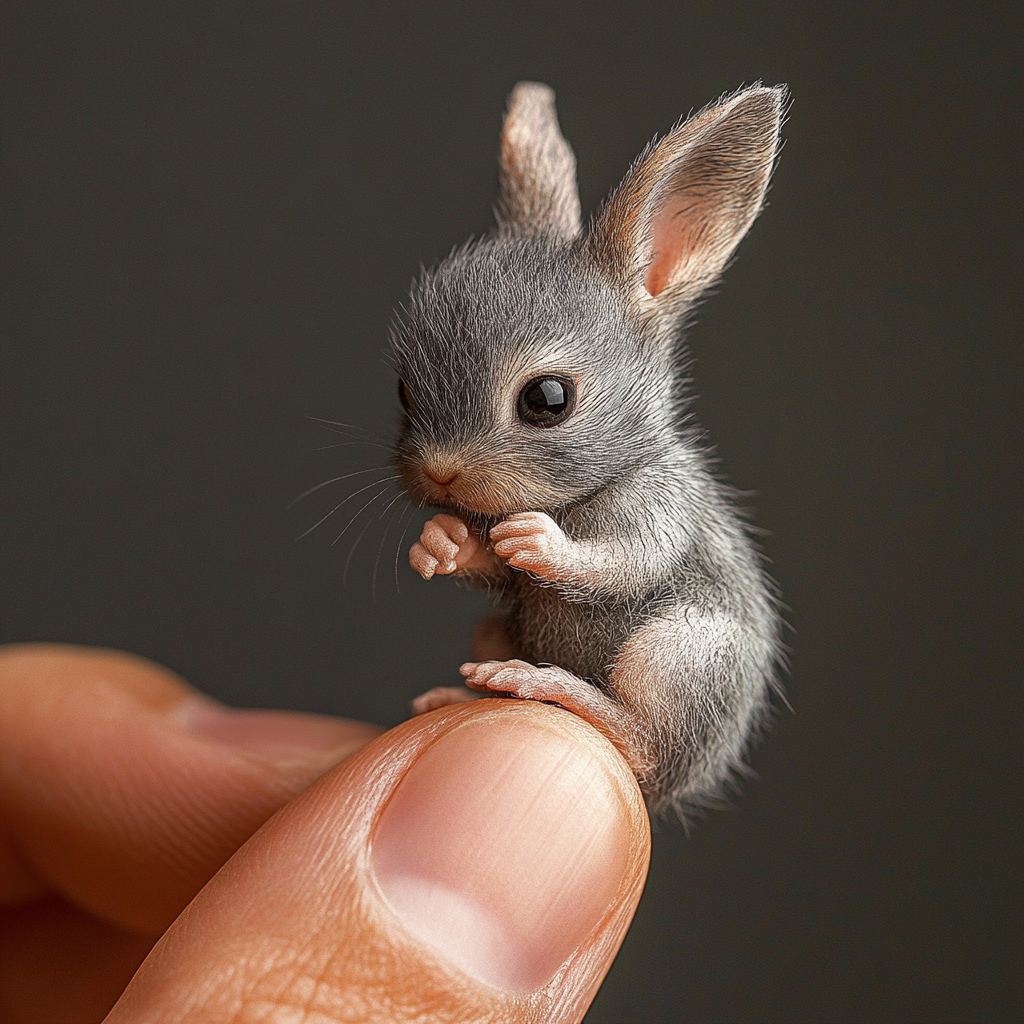 Tiny newborn rabbit on thumb - close-up photo