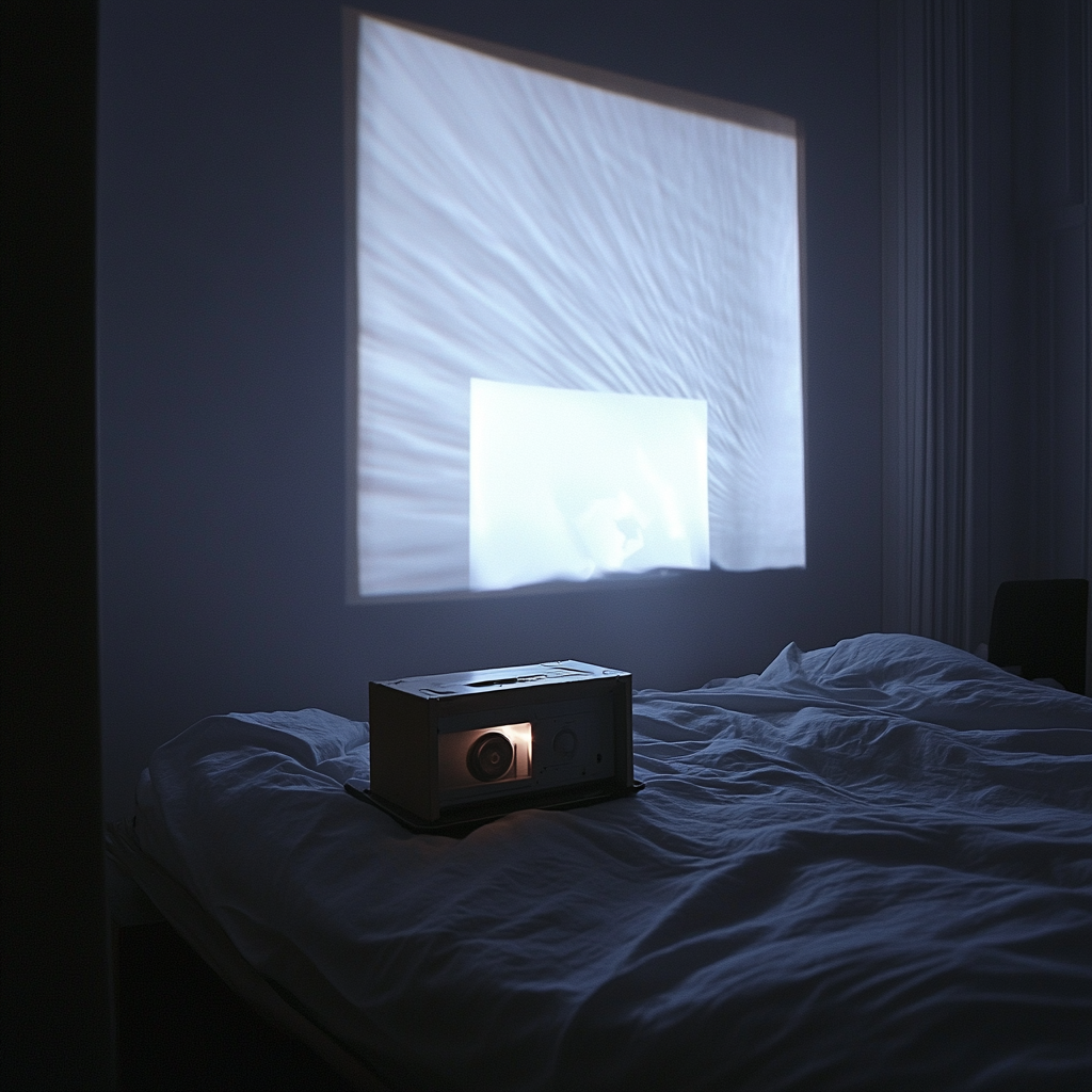 Tiny projector shines movie on white wall in bedroom.