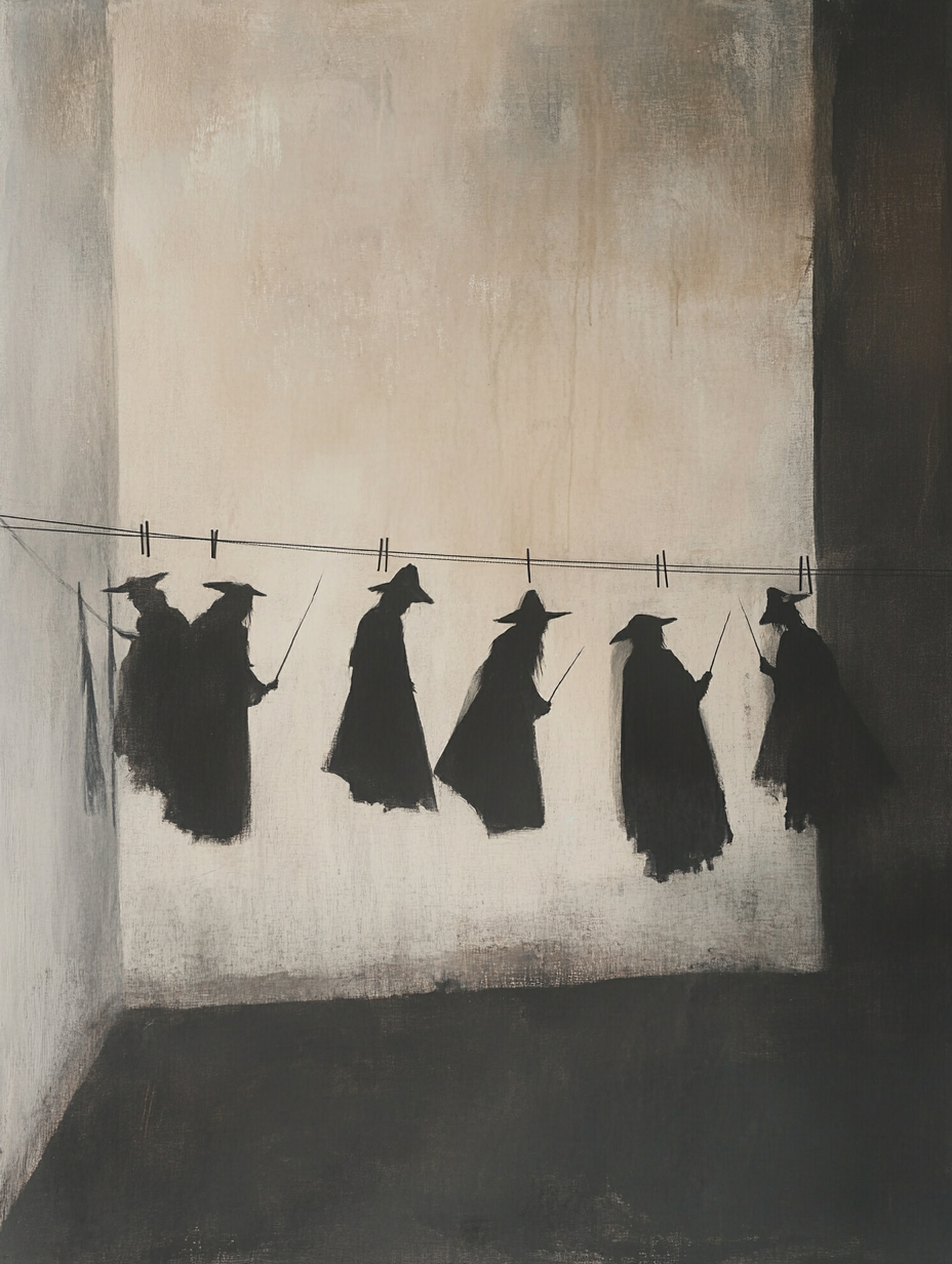 Tiny witches casting spell on clothesline in ballroom.