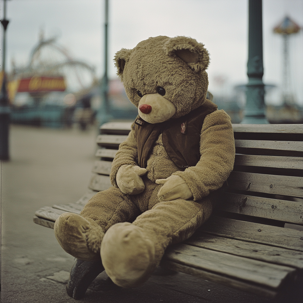 Tired Bear Man Mascot Resting at Amusement Park