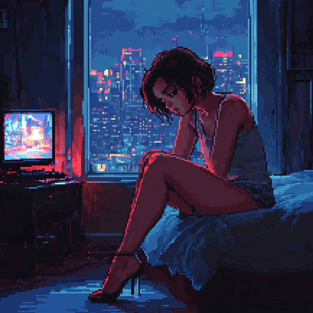 Tired Woman Unwinding in Neon-Lit Game Art Bedroom