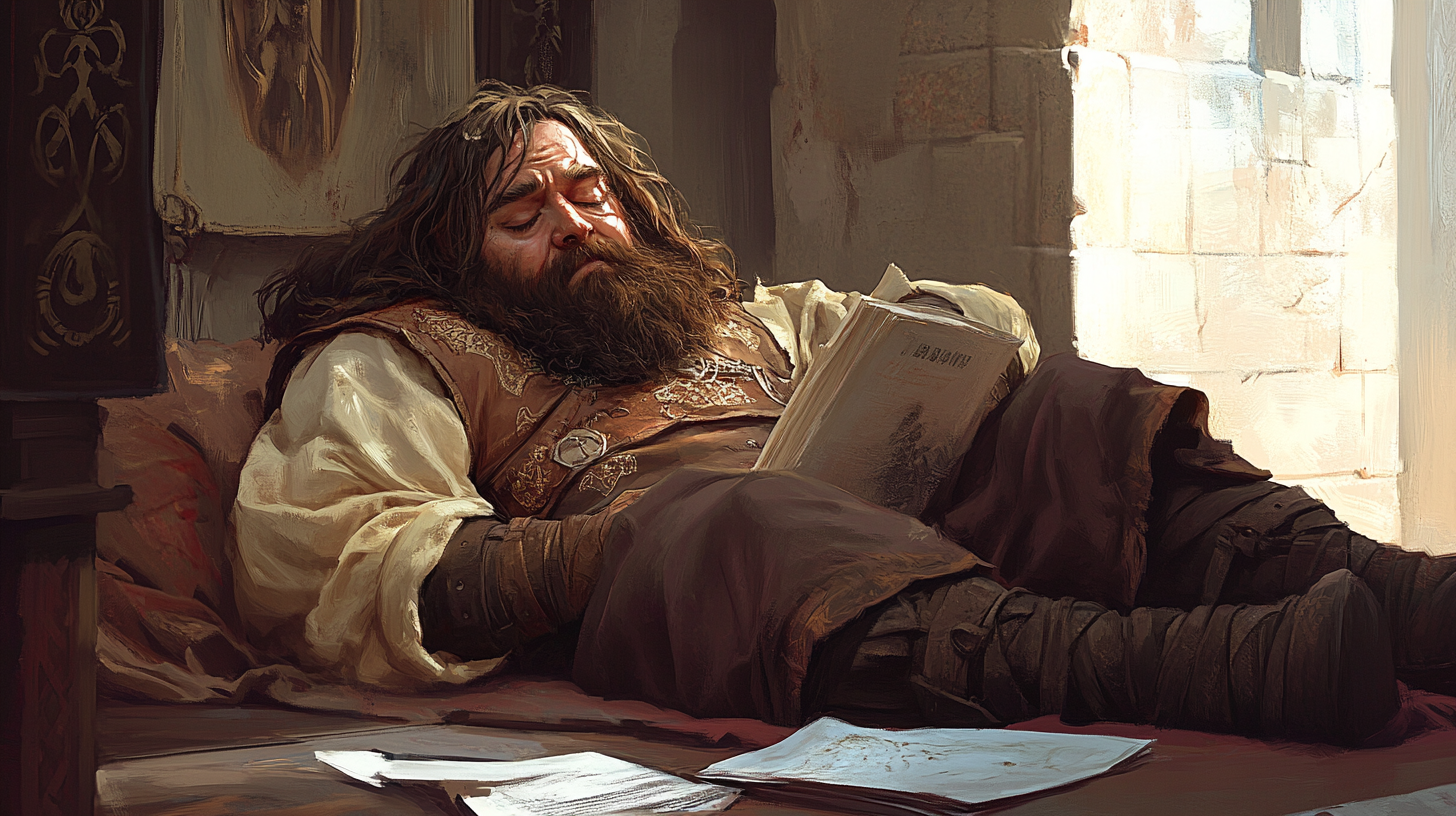 Tired dwarf waiter in medieval room.