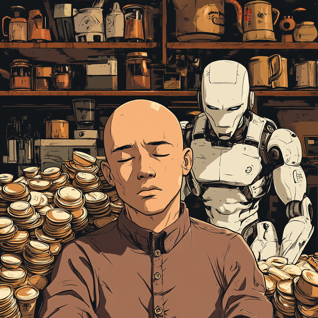 Tired man surrounded by coffee, robot full of energy.