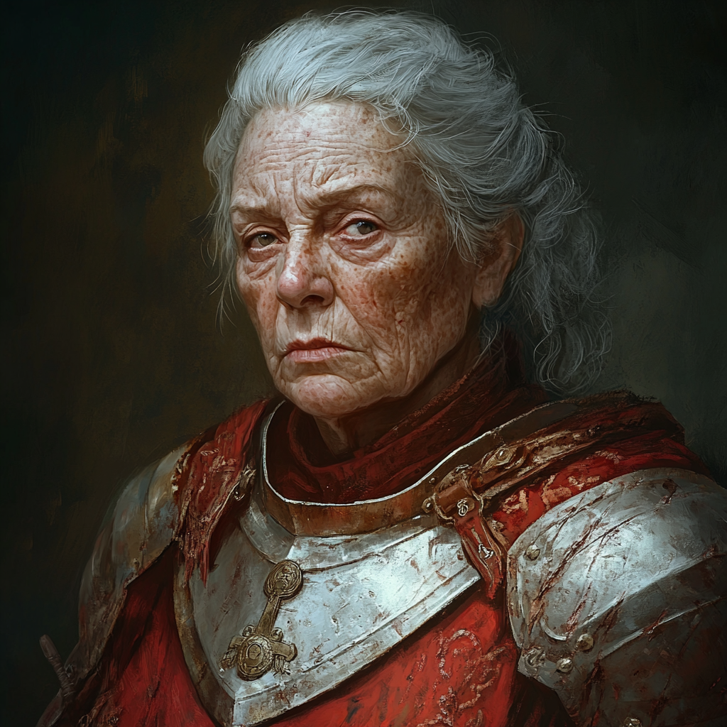 Tired old warrior woman in red armor, sad eyes