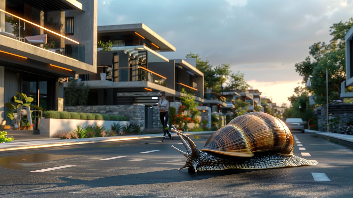 Tired real estate agent on slow snail in modern neighborhood.