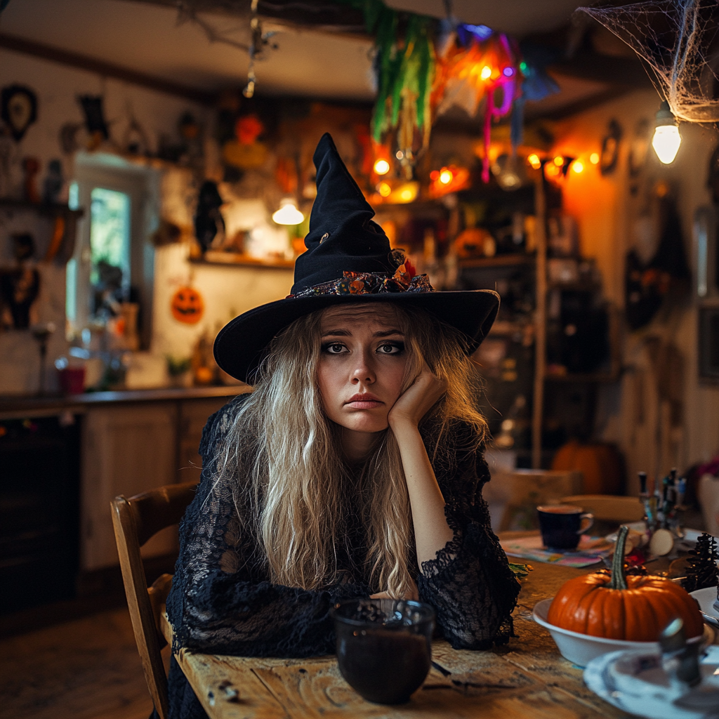 Tired woman in witch costume at lively Halloween party