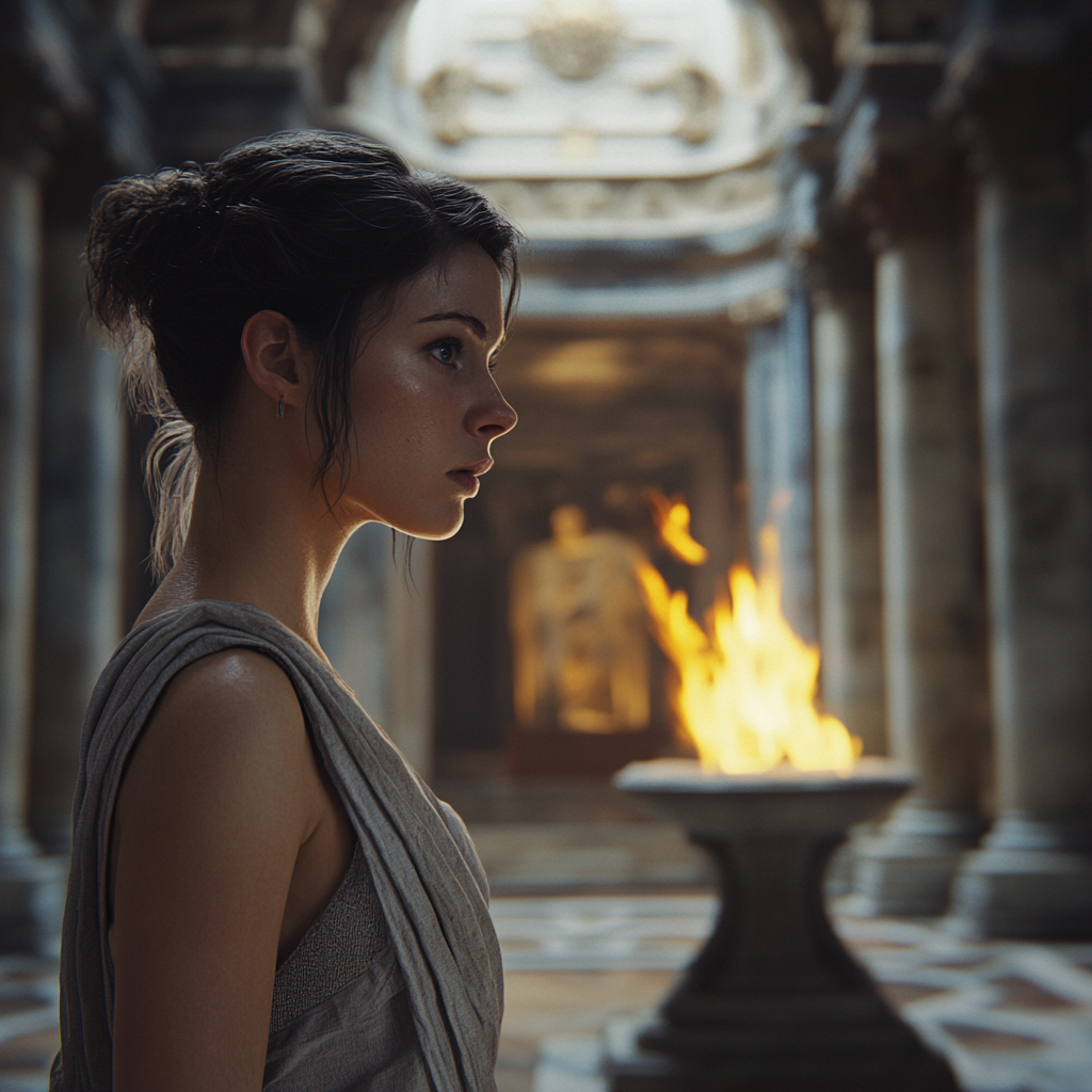 Title: Aurelia Contemplates Decision in Vesta Temple, 8k