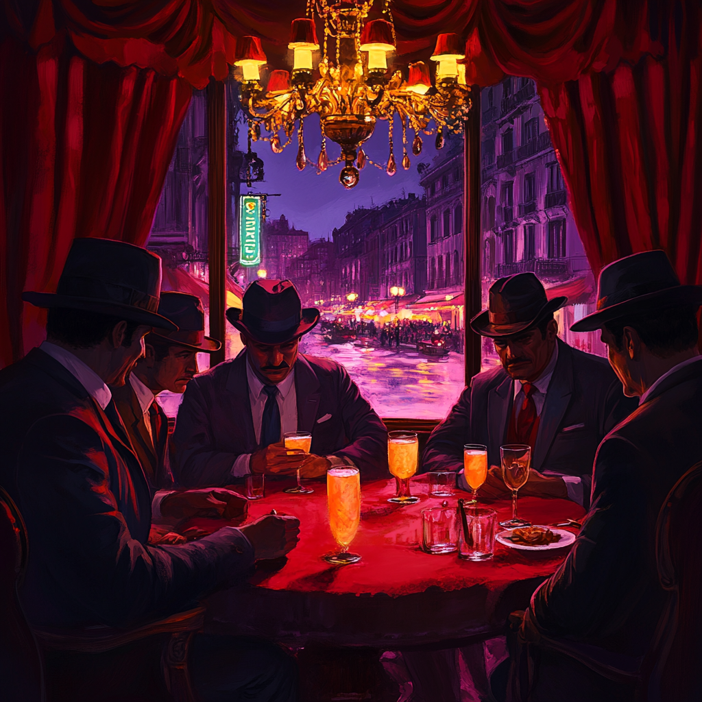 Title: Elegant Italian Mafia Scene in Dimly Lit Restaurant