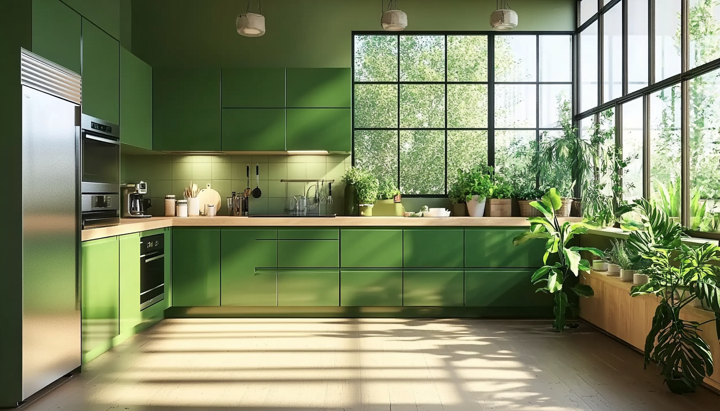 Title: Modern kitchen with green cabinets, wood, steel, sunlight, plants.