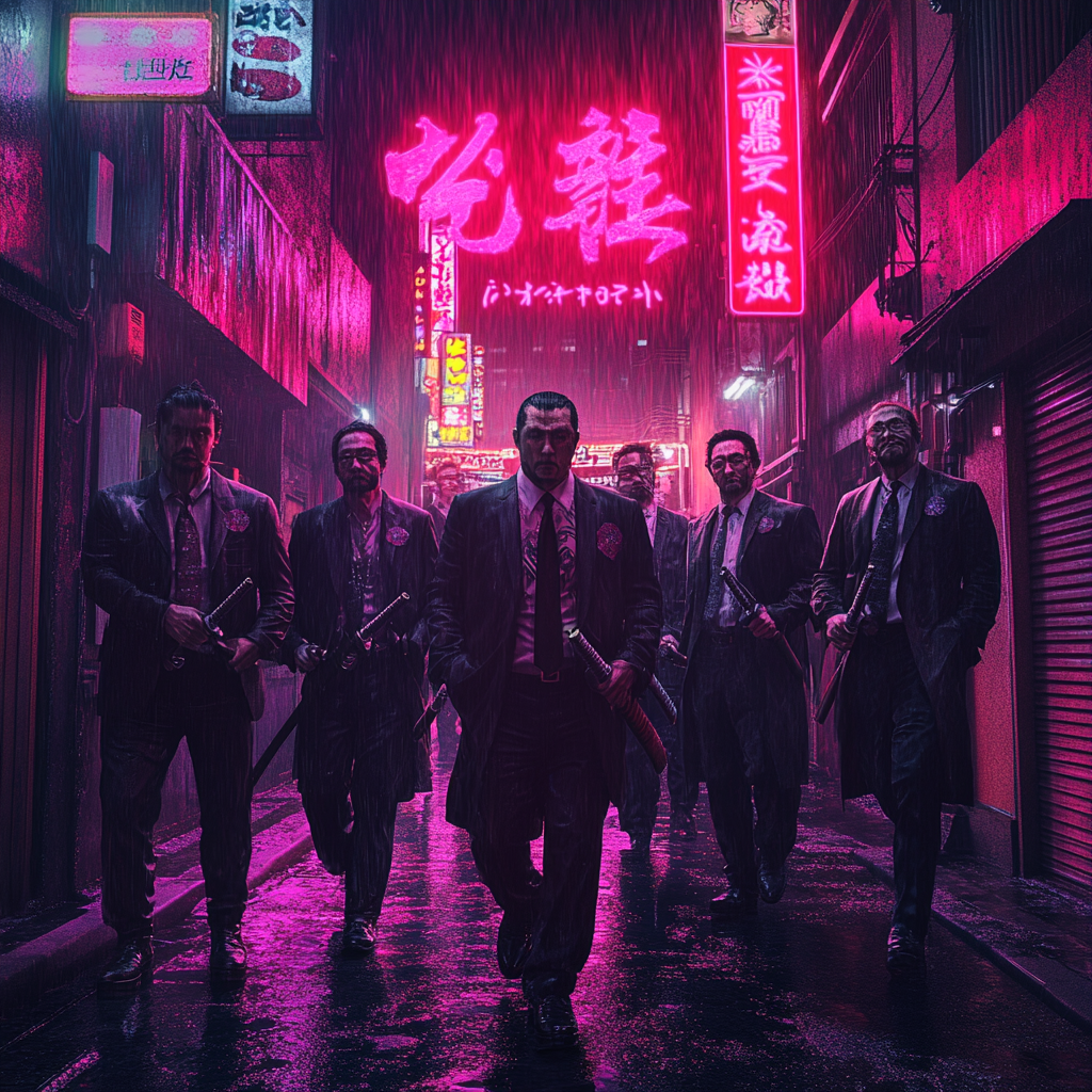 Title: Neon-Lit Tokyo Alleyway: Yakuza with Katanas and Sake