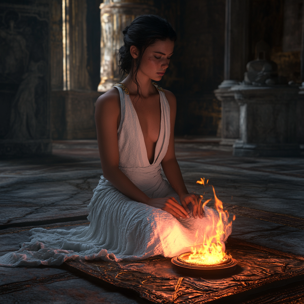 Title: Vestal Priestess Aurelia Worried Before Sacred Fire