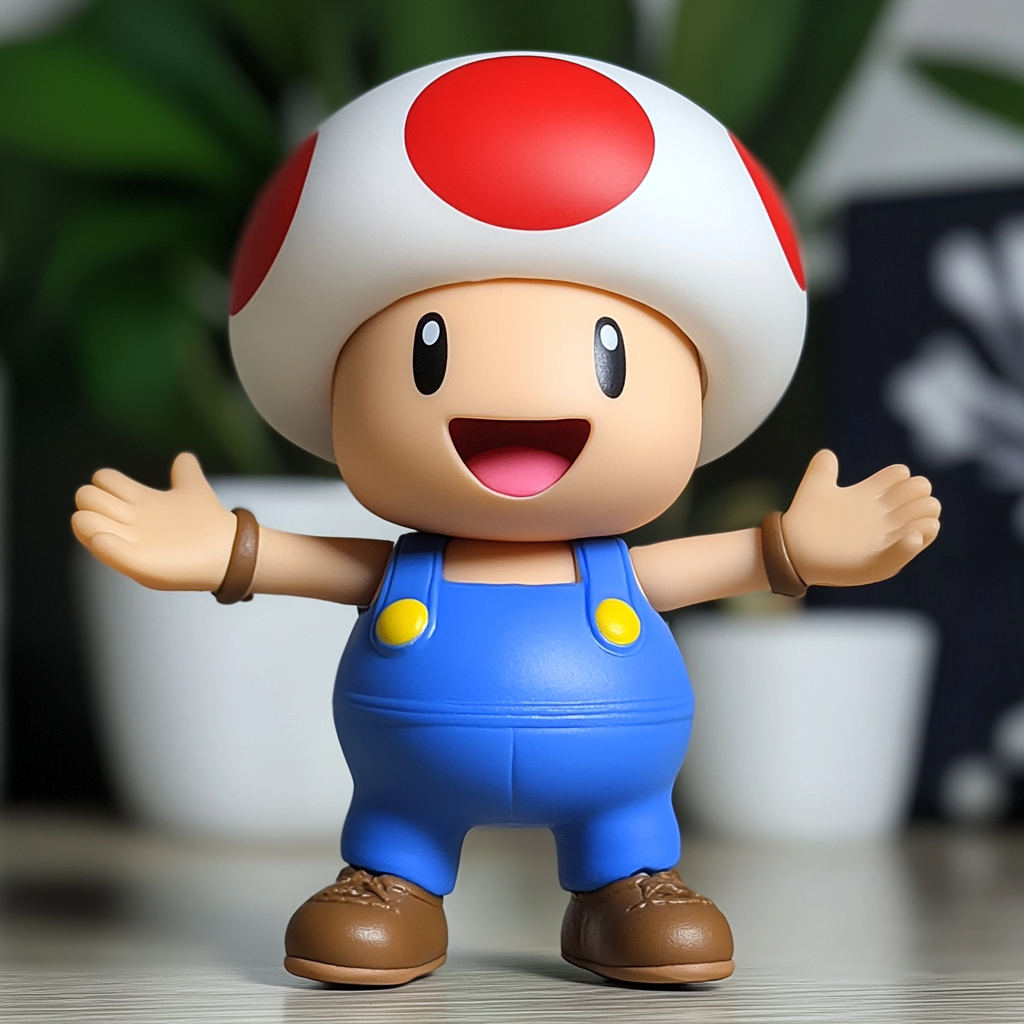 Toad plastic toy figure in blue overalls smiling.