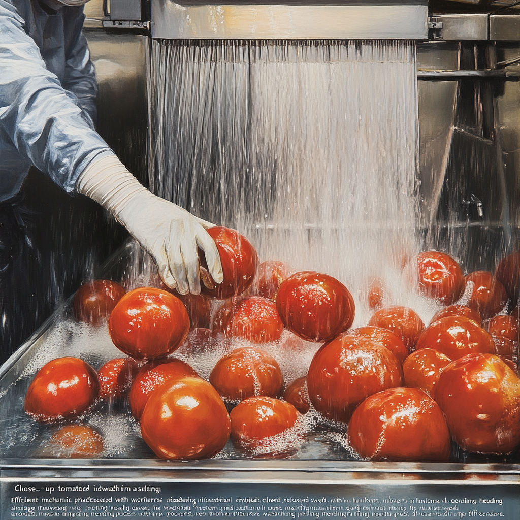 Tomatoes Washed in Water with Workers in Uniform