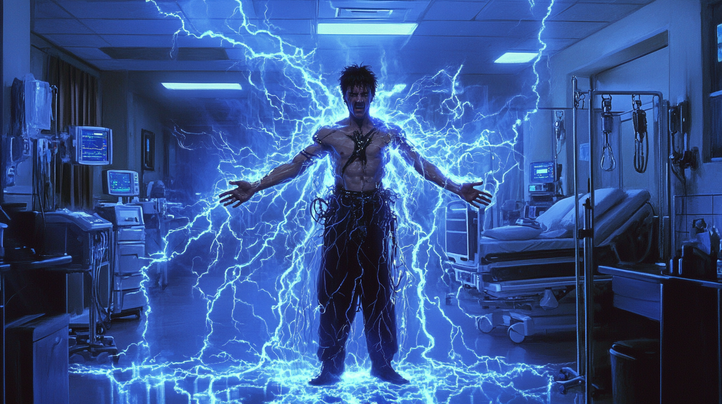 Tommy Lee in hospital emergency room surrounded by lightning.