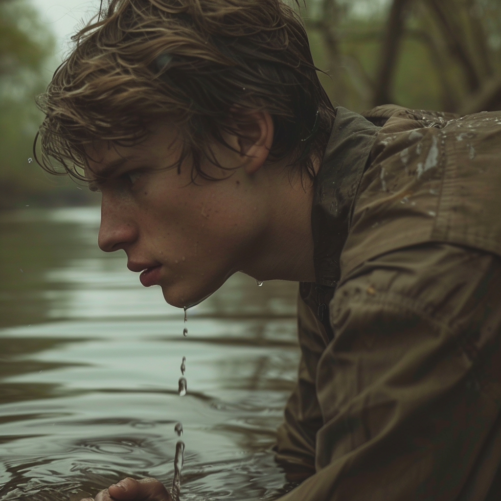 Tomás by river, tense face, ripple hinting danger.