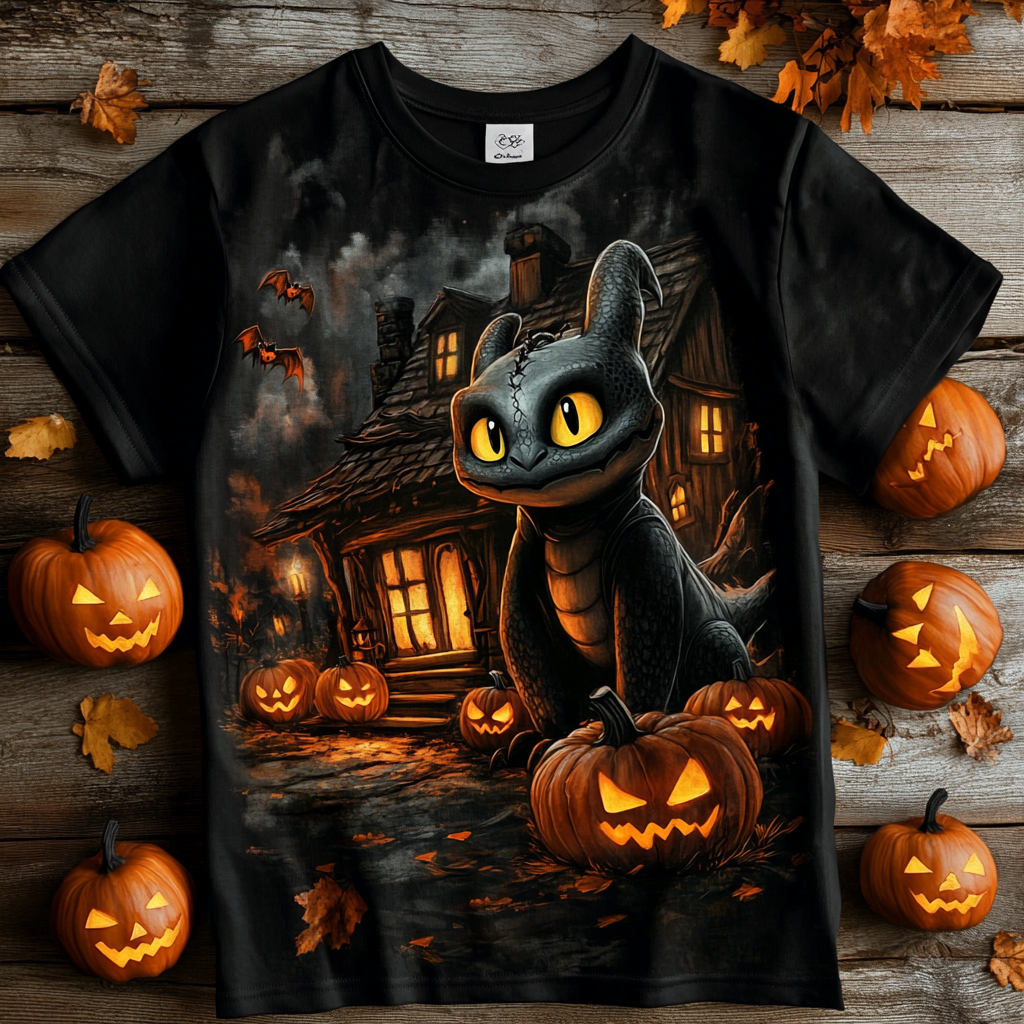 Toothless in front of haunted cabin with pumpkins.