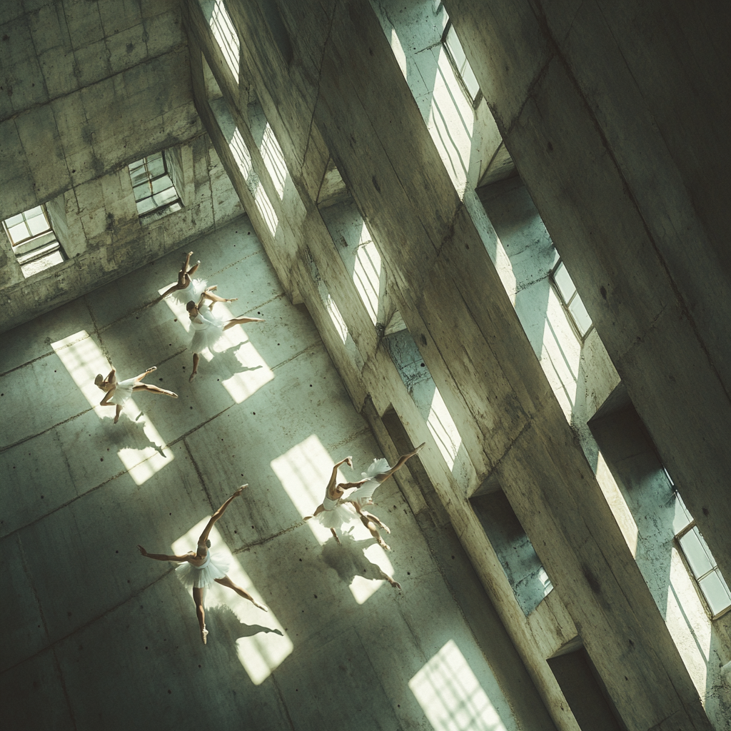 Top Down Ballerinas Dance in Brutalist Building