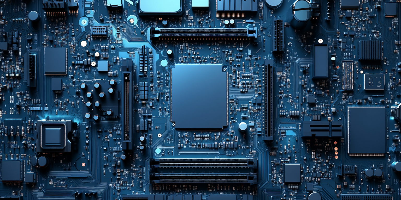 Top-down view of light blue motherboard with components.