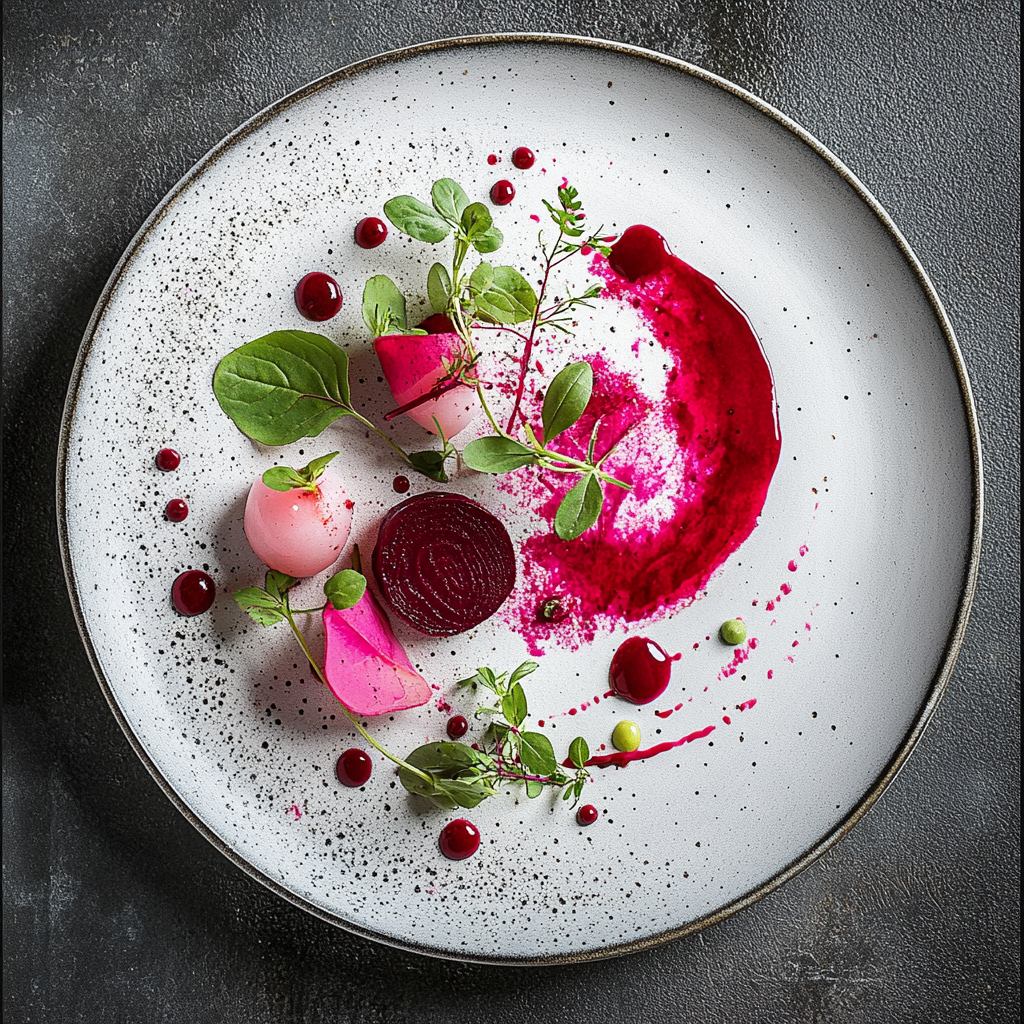 Top-down view of plate with red and pink vegetables.