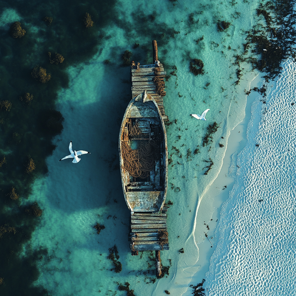 Top-down view of seashore with ruined pier and boat.