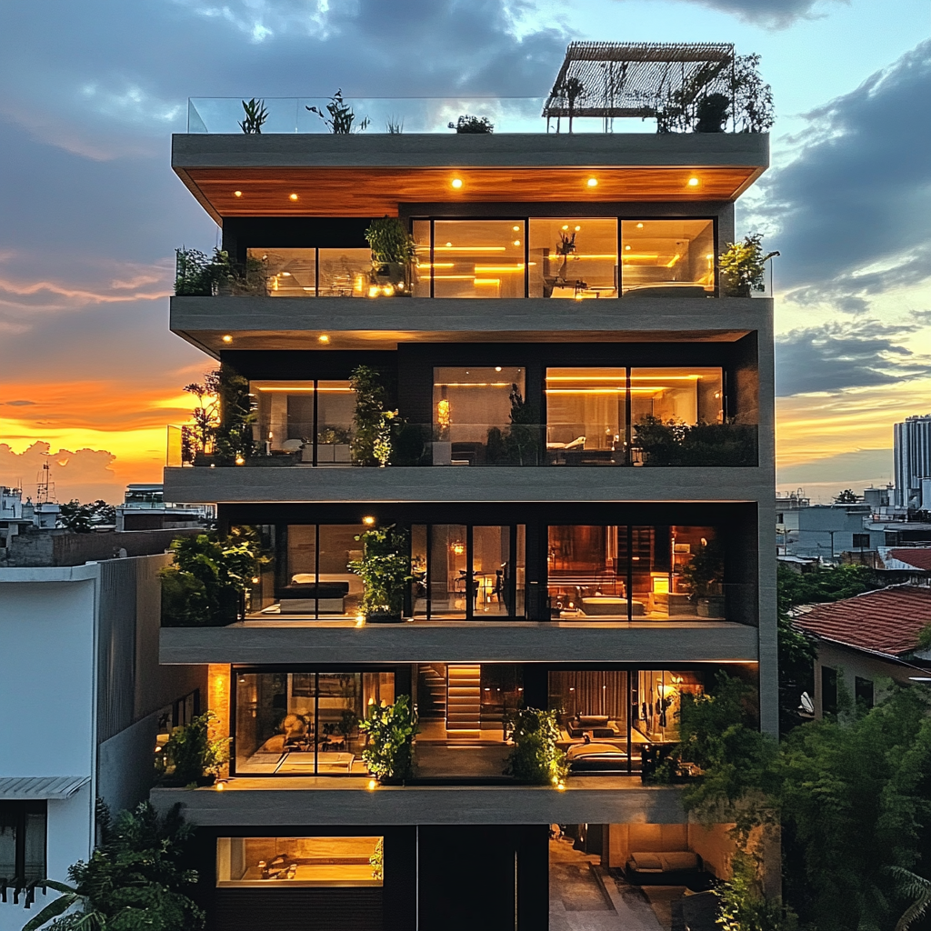 Top floor penthouse, 8 levels, 22m wide building.