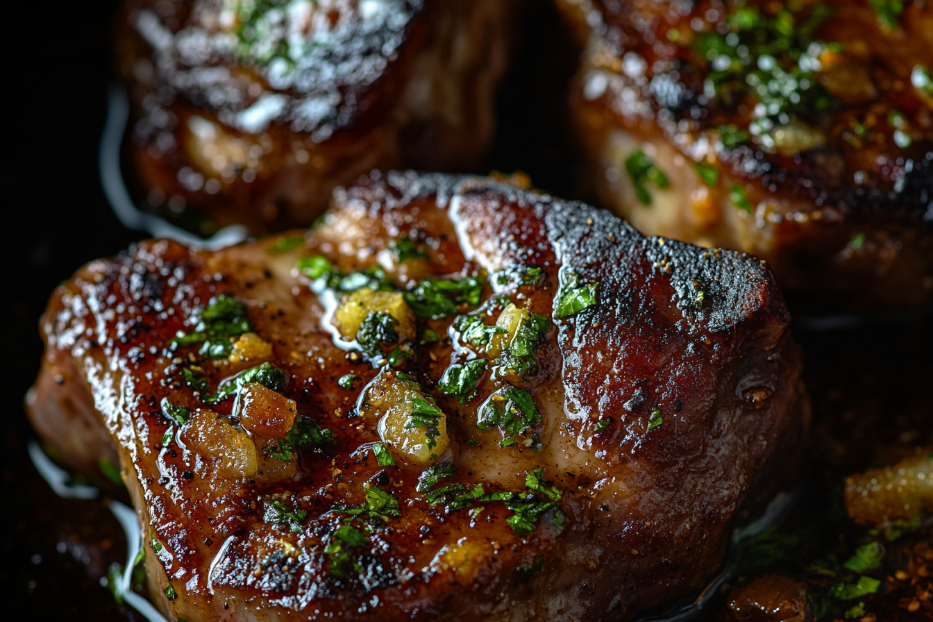 Top view close-up shot of tempting pork chops. Luxurious, elegant, mouth-watering gourmet photography.