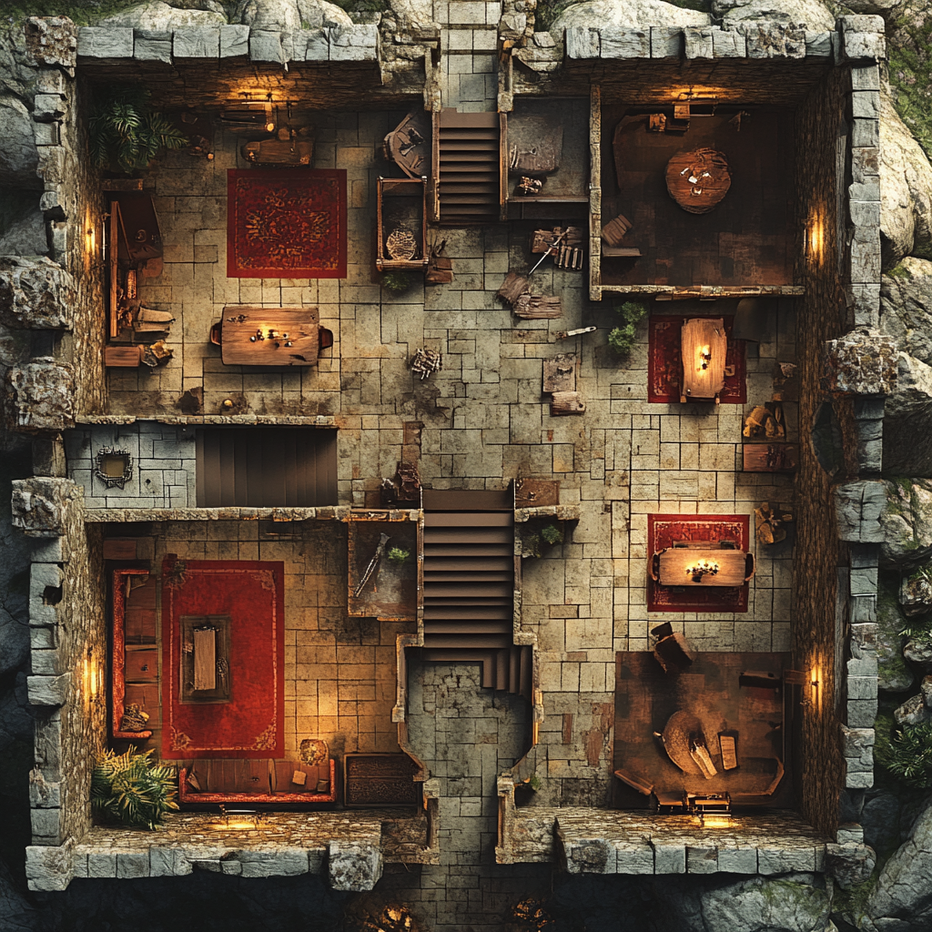 Top view of D&D castle map with rooms and weapons.